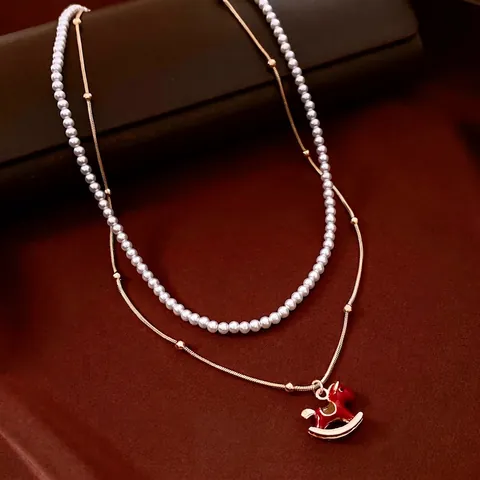 Rocking Horse Pendant Double Layer Necklace Copper 18K Gold Plated Imitation Artificial Pearl Red Enamel Zircon Jewelry Women