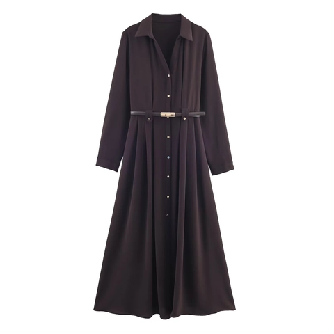 Women Long Sleeve Shirt Midi Dress Solid Coffee Polyester Elegant Lapel Button Down Flared Hem With Belt High Waist Fashion