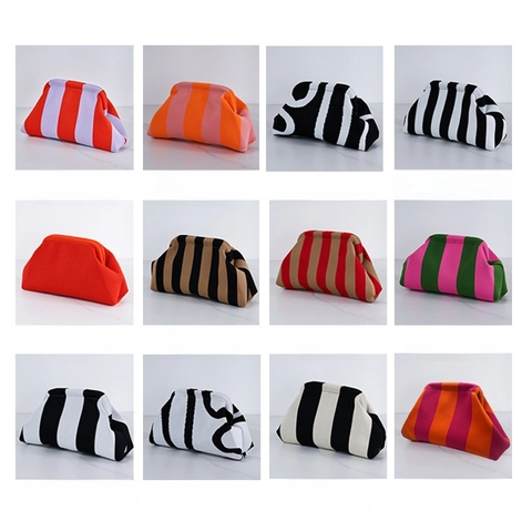 Dames Gebreide Gestreepte Clutch Tas Zachte Geplooide Cloud Pouch Tas Casual Geometrisch Patroon Handtas Minimalistisch