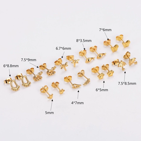 Gold Plated 304 Stainless Steel Stud Earrings Tiny Butterfly Crown Animal Paw Dragonfly Swan Shapes Minimalist Jewelry Women