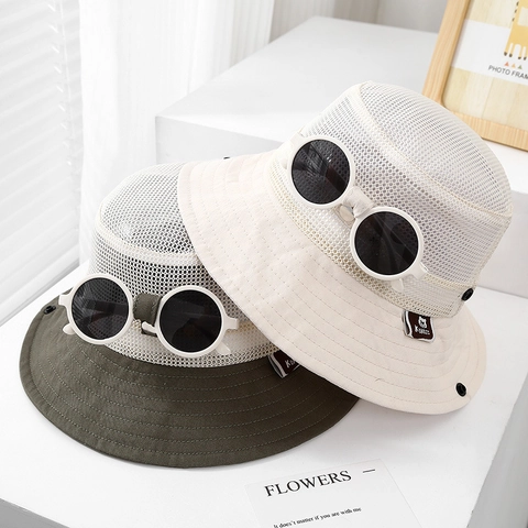 Kids Mesh Bucket Hat Breathable Sun Protection Outdoor Foldable Wide Brim Decorative Sunglasses Adjustable Wind Rope