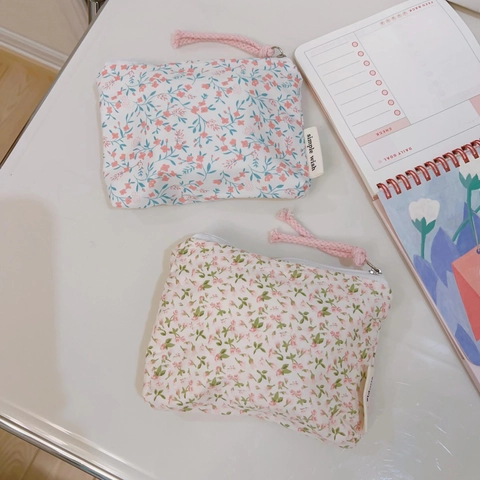 Floral Cotton Canvas Coin Purse Mini Zippered Pouch Small Storage Bag For Lipstick Earphone Cosmetic Pastoral Style