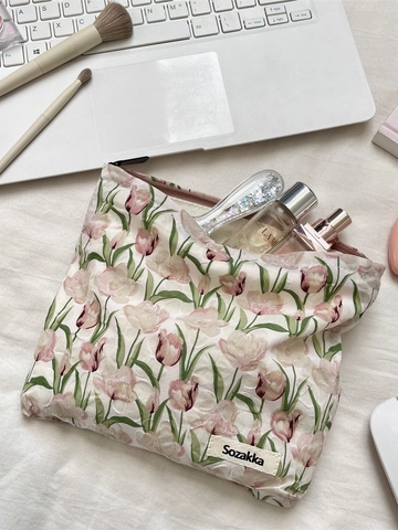 Borsa Da Trucco Con Stampa Tulipani Rosa Grande Capacità Tessuto Jacquard Cerniera Pochette Per Cosmetici Donna Viaggio