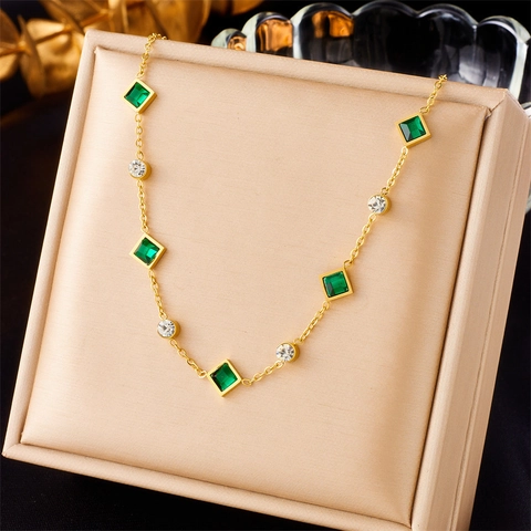 Gold Plated Edelstahl Halskette Und Armband Smaragdgrün Quadrat Zirkonia Rund Klar Straßstein Geometrisch Elegant Damen Schmuck