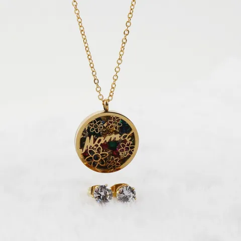 Mama Letter Necklace And Stud Earrings Jewelry Stainless Steel 18K Gold Plated Colorful Zircon Hollow Flower Gift