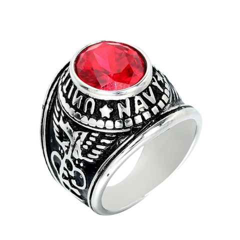 Vintage Stainless Steel United States Navy Military Ring With Faceted Rhinestone Heavy Duty Retro Eagle Anchor Men Ring Jewelry
