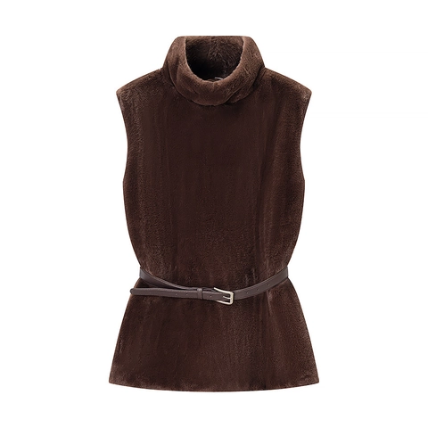 Chaleco De Piel Sintética Para Mujer Cuello Alto Sin Mangas Con Cinturón Color Sólido Ropa De Invierno