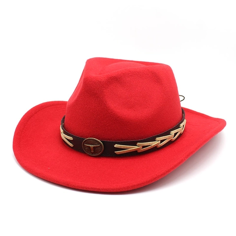 Western Cowboy Hat Polyester Felt Wide Brim Fedora With Bull Head Metal Medallion Retro Ethnic Style For Men And Women