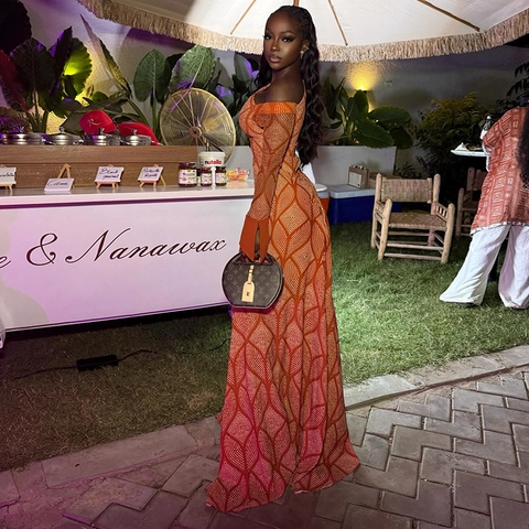 One Shoulder Maxi Dress For Women Geometric Print Long Sleeve Bell Cuff Asymmetric Bodycon Floor Length Orange White