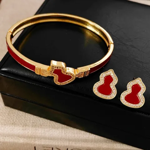 Vintage Hulu Gourd Bracelet And Earrings Gold Plated Copper Zircon Red Enamel With Silver Earring Post For Women