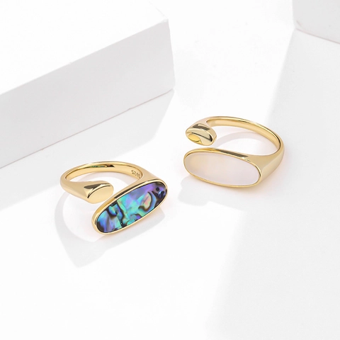 Vintage 925 Sterlingsilber Muschel Ring Damen Vergoldet Abalone Perlmutt Offen Einstellbar Geometrischer Schmuck