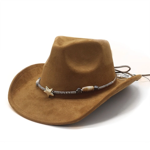 Western Cowboy Hat Suede Wide Brim With Star Metal Decoration Braided Band Bohemian Ethnic Style For Women Men Vintage Outdoor
