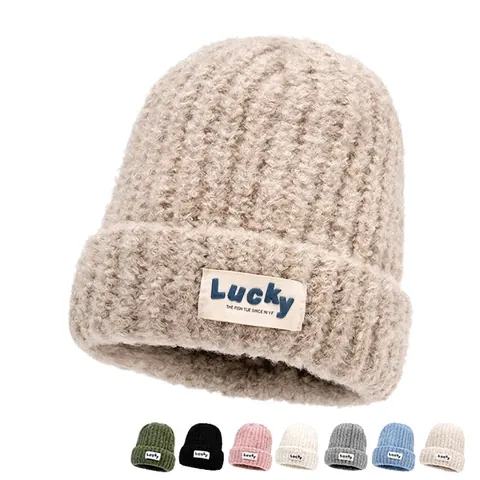 Bonnet En Tricot Pour Femmes Hommes Épais Acrylique Chaud Coupe-Vent Hiver Lucky Étiquette Couleur Unie