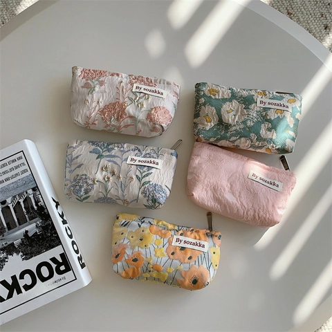 Jacquard Bloemen Cosmetische Tas Mini Draagbare Canvas Lippenstift Zakje Reis Make-up Organizer Voor Dames