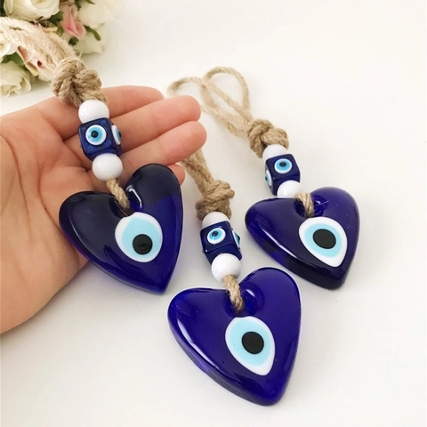 Ornamento Sospeso in Vetro a Forma di Cuore Turco Malocchio Con Corda di Juta e Perline per Arredamento Casa Auto