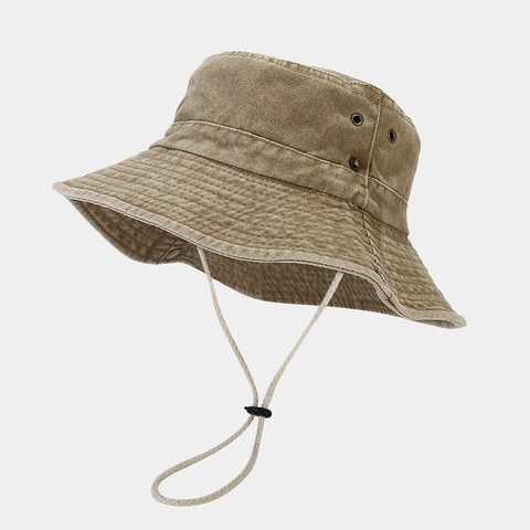 Vintage Washed Cotton Canvas Bucket Hat With Adjustable Wind Rope Wide Brim Outdoor Hiking Fishing Sun Protection Foldable