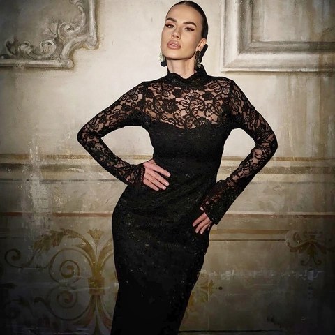 Damen Elegantes Schwarzes Spitze Maxi Kleid Sexy Transparentes Langarm Hochhals Bodycon Partykleid Luxus Polyester Elasthan Patchwork Mesh Gown