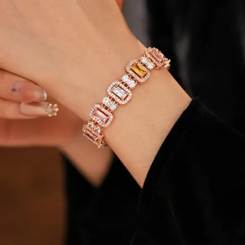 Luxury Rose Gold Plated Copper Bracelet With Multi Colored Rectangle Cubic Zirconia For Women Elegant Vintage Jewelry