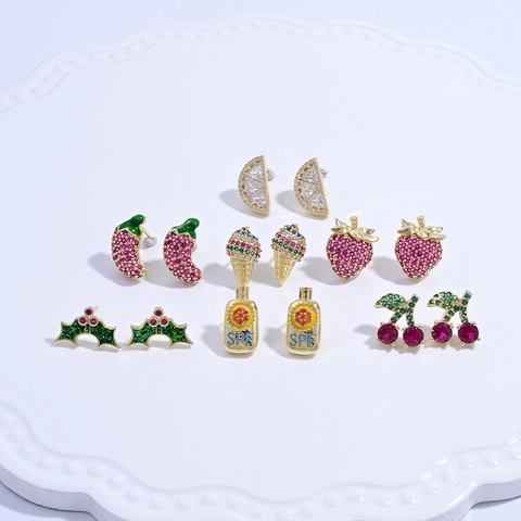 Kreative Kupfer Frucht Zirkonia Ohrstecker Ananas Erdbeere Kirsche Banane Eiscreme Form Bunte Ohrringe Für Damen Schmuck