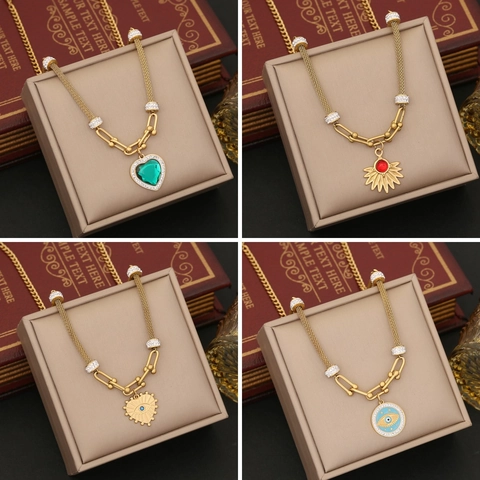 Collana Con Ciondolo In Acciaio Inossidabile Strass Cuore Sole Malocchio Catena A Maglia Gioielli Per Donna Moda