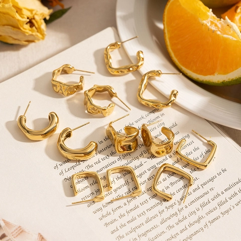 Geometric Hoop Earrings Stainless Steel Waterproof C-Shaped Square Textured Smooth Fashion Jewelry For Women