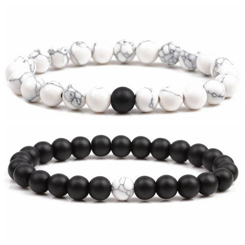 Beaded Bracelets Natural Stone White Turquoise Black Agate Elastic Couple Jewelry Gift Minimalism