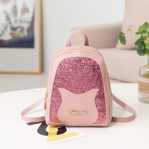 Mini Backpack Women PU Leather Sequin Cat Ear Decor Small Shoulder Crossbody Bag With Headphone Port Fashion Casual