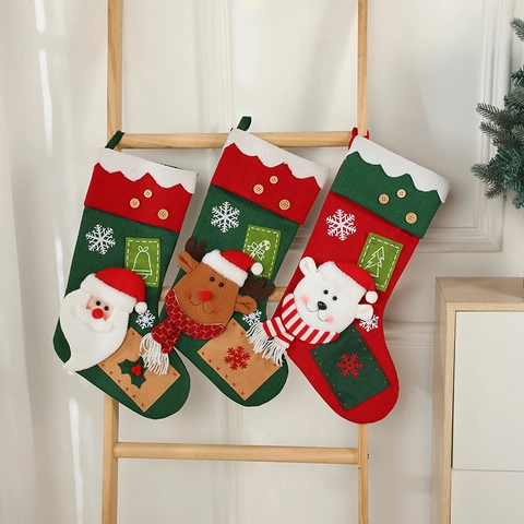 Christmas Stocking Large Hanging Gift Bag With Santa Reindeer Polar Bear Knitted Fabric Wood Button Holiday Decor