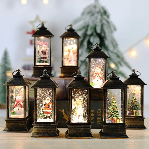 Retro Christmas Lantern Snow Globe LED Night Light Water Filled Rotating Glitter Santa Snowman Tree Desktop Ornament Holiday Gift