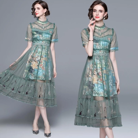 Abito Midi Elegante In Rete Ricamata Maniche Corte Collo Alto Orlo A Volanti Vintage Bohemien Donna