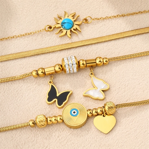 Bracciale Pendente in Acciaio Inossidabile Placcato Oro Farfalla Malocchio Sole Cuore Strass Intarsiato Moda Gioielli Boho per Donna