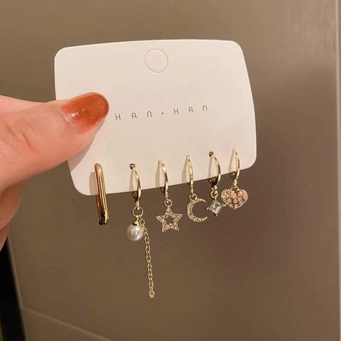 Pendientes Bañados En Oro Circón Imitación Perla Artificial Estrella Luna Corazón Formas Joyería Moda Poste De Acero Para Mujeres