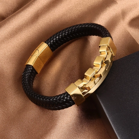 Bracciale Da Uomo In Pelle PU Intrecciata Con Catena In Lega Chiusura Magnetica Stile Hip Hop Punk Accessorio Gioielli