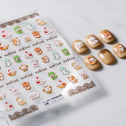 5D Embossed Nail Art Stickers Cartoon Chinese Zodiac Animal 3D Relief Self Adhesive Manicure Decoration DIY Accessories