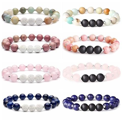 Natural Stone Beaded Bracelet With Lava Rock And Stainless Steel Spacers Elastic Yoga Healing Jewelry For Men Women