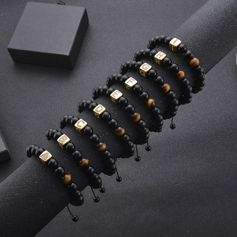 Men Black Agate Tiger Eye Stone Beaded Bracelet Gold Rhinestone Initial Letter Square Charm Adjustable Jewelry Unisex