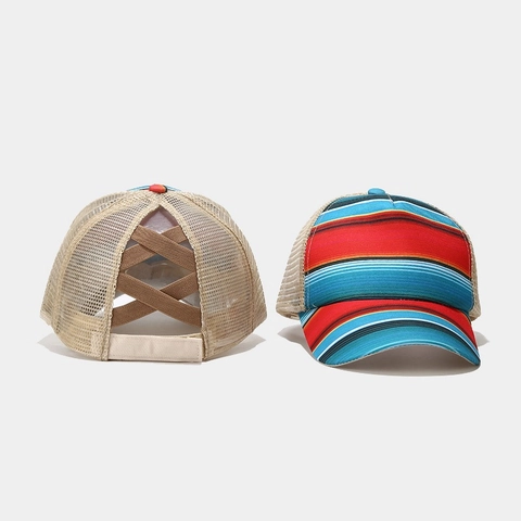 Cappello Da Baseball Coda Di Cavallo Donne Serape Righe Arcobaleno Mesh Trucker Hat Fascia Elastica Incrociata Traspirante Regolabile