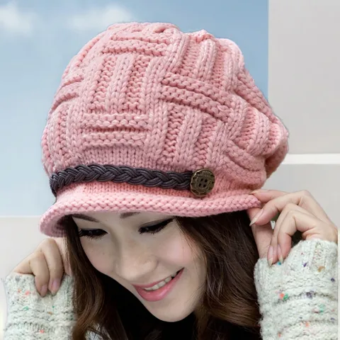 Women Winter Warm Acrylic Knit Beanie Hat With Woven Leather Strap Vintage Metal Button Solid Color Rolled Edge Cap