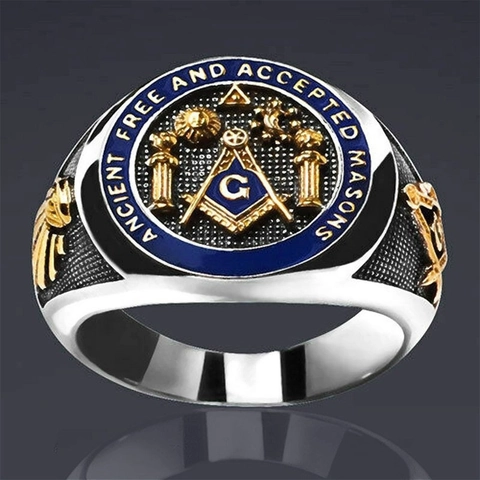 Anello Sigillo Massonico Lega Bicolore Smalto Blu Ancient Free And Accepted Masons Gioielli Per Uomo