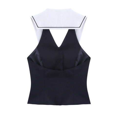 Damen Ärmellose Bluse Polyester Matrosenkragen Kontrastbesatz Einreihig Preppy Stil Akademie Oberteil Dunkelblau