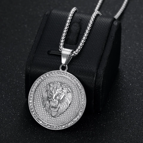 Lion Head Pendant Necklace Stainless Steel Rhinestone Iced Out Hip Hop Punk Jewelry Round Gold Silver Color