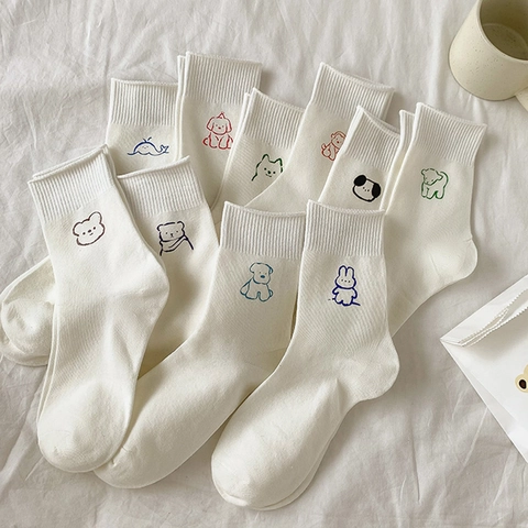 Women Crew Socks Cotton Blend Embroidered Cartoon Animal Japanese Korean Style Sweat Absorbent Ribbed Cuff Breathable