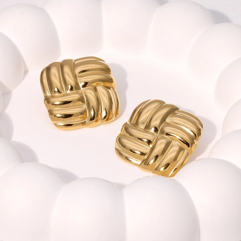 Square Woven Texture Stud Earrings Stainless Steel Geometric Minimalist High End Fashion Accessories Women