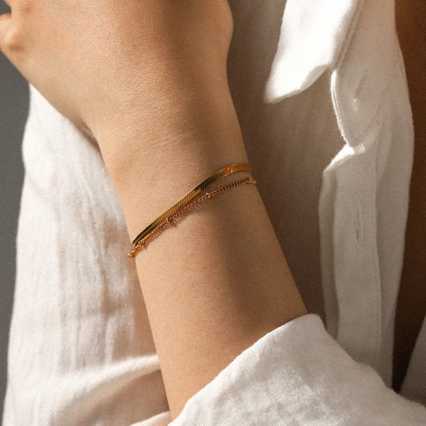 Double Layer Stainless Steel Bracelet 18K Gold Plated Herringbone Snake And Bead Chain For Women Minimalist Jewelry
