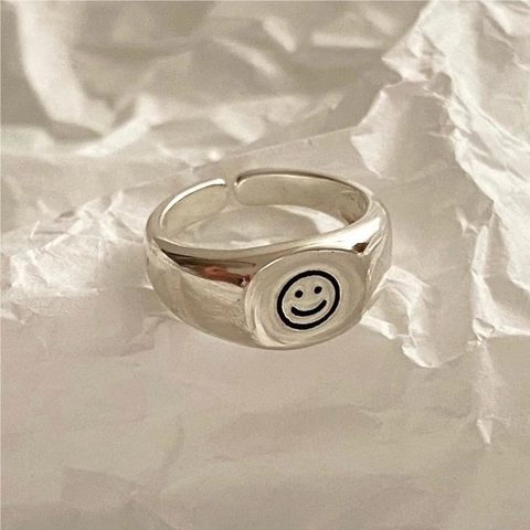925 Sterling Silber Glückliches Gesicht Ring Verstellbare Offene Fingerband Minimalistische Koreanische Ins Stil Retro Schmuck