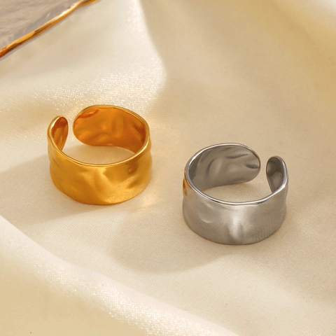 Anillo Ancho Martillado Acero Inoxidable Chapado En Oro Textura Irregular Anillo Abierto Ajustable Para Mujer Joyería