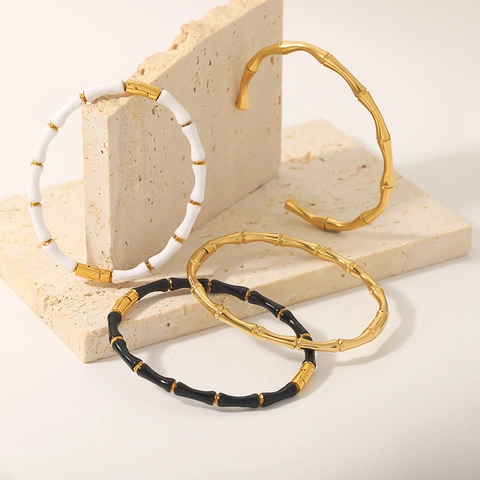 Bambus Gelenk Armreif Edelstahl Vergoldet C-Förmiges Offenes Armband Emaille Minimalistischer Eleganter Schmuck Damen