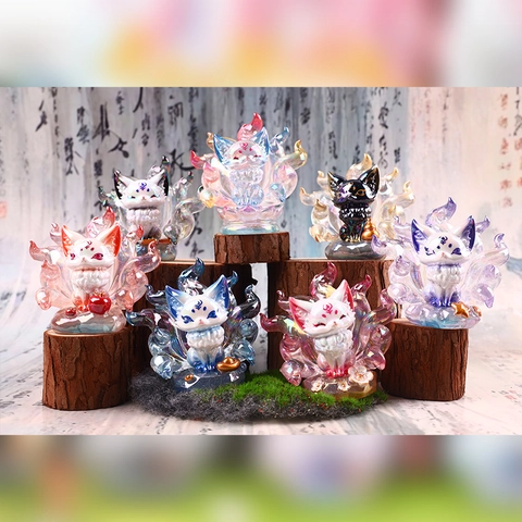 Nine Tailed Fox Fairy Mystery Box Resin Ornament Tabletop Decor Mythological Statues Guochao Style Collectible