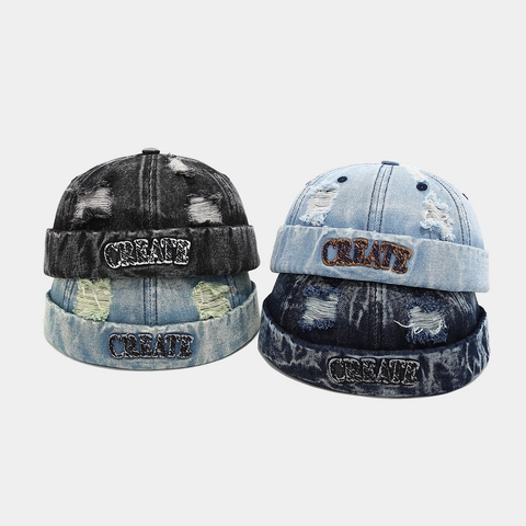 Cappello Docker In Denim Lavato Berretto Senza Visiera Distressed Ricamo Lettere Streetwear Retrò Cotone Regolabile