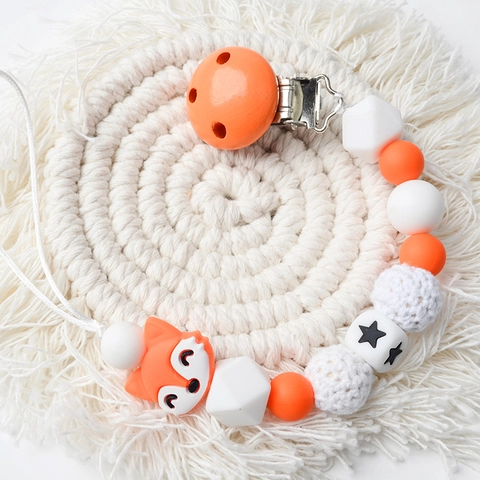 Silicone Wood Crochet Beads Baby Pacifier Clip Chain Fox Shape Star Pattern Anti Drop Soothing Teether For Infants
